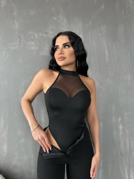 Siyah Omuz Dekolteli Transparan Bodysuit